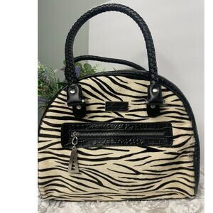 Isabella Adam's Black Pebbled Leather and Cream Zebra Print Bowler Bag